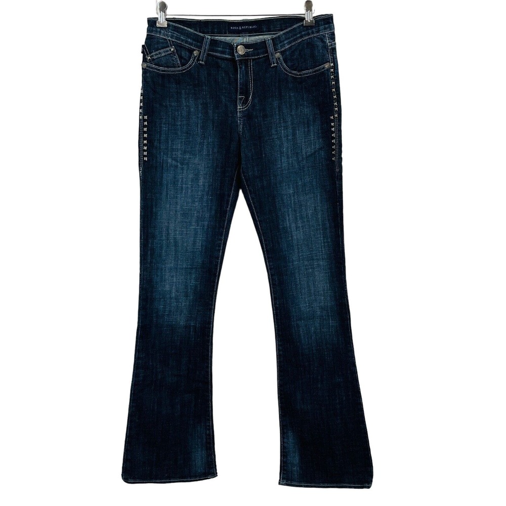 Womens 10 Rock & Republic Jeans Boot Cut Flare Studded Dark Wash Stretch Denim